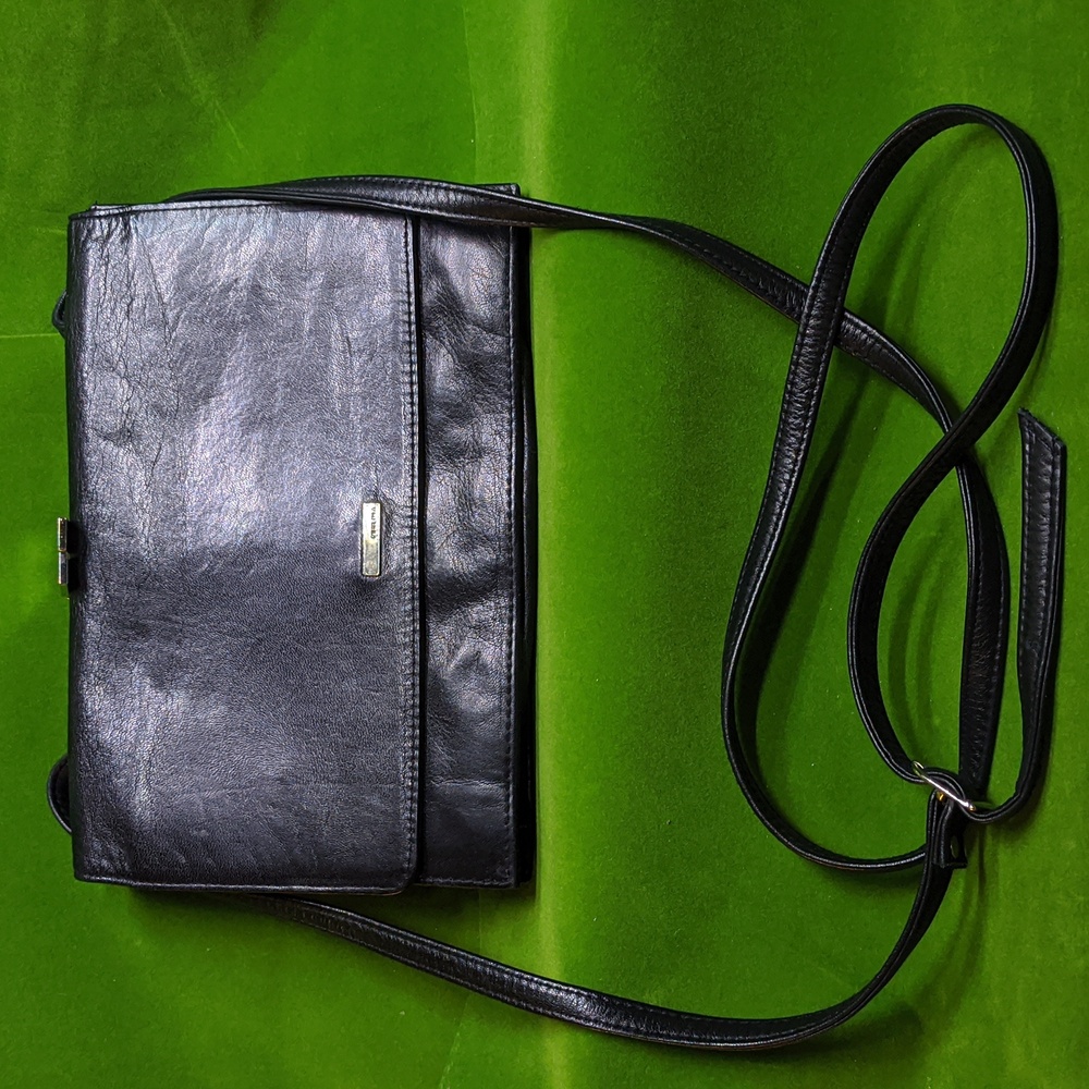 Perlina Black Leather Organizer Crossbody Bag With Adjustable Strap EUC - Picture 2 of 10
